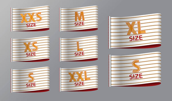 set of realistic size clothing label isolated or clothing fabric ribbon label or garment tags symbols. eps vector