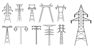 Yüksek voltajlı elektrik hattı ikonu ya da kuleler yüksek voltaj pilonları güç iletimi ya da elektrik direkleri direk ağı. vektör içer