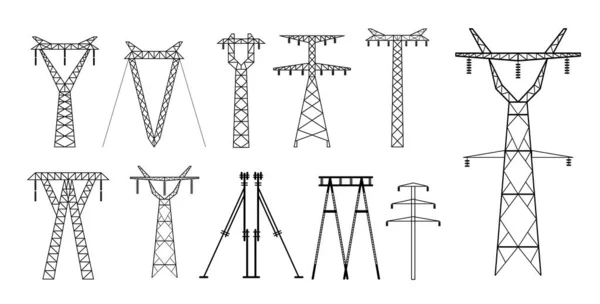 Zestaw Ikon Przewodów Elektrycznych Wysokiego Napięcia Lub Wież Wysokiego Napięcia — Wektor stockowy