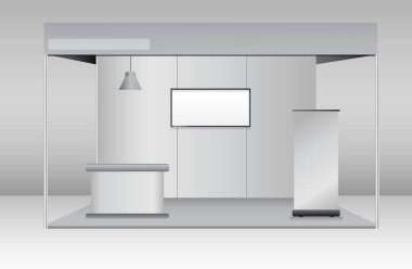 Gerçekçi ticari sergi standı ya da beyaz boş sergi büfesi ya da stand şirketi reklamı. vektör içer