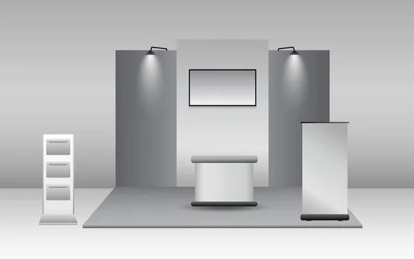 Ensemble Stand Exposition Commerciale Réaliste Blanc Kiosque Exposition Vierge Stand — Image vectorielle
