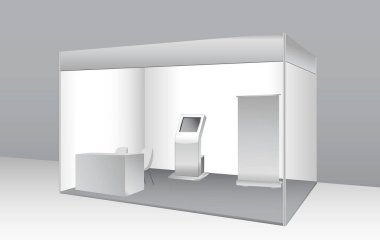 Gerçekçi ticari sergi standı ya da beyaz boş sergi büfesi ya da stand şirketi reklamı. vektör içer