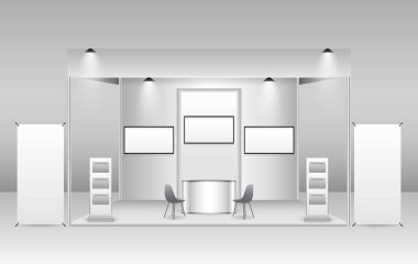 Gerçekçi ticari sergi standı ya da beyaz boş sergi büfesi ya da stand şirketi reklamı. vektör içer