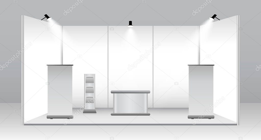 set of realistic trade exhibition stand or white blank exhibition kiosk or stand booth corporate commercial. eps vector