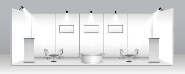 Gerçekçi ticari sergi standı ya da beyaz boş sergi büfesi ya da stand şirketi reklamı. vektör içer