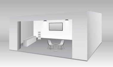 Gerçekçi ticari sergi standı ya da beyaz boş sergi büfesi ya da stand şirketi reklamı. vektör içer