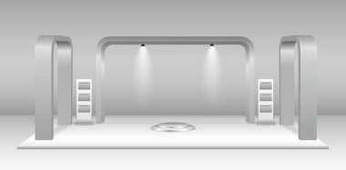 Gerçekçi ticari sergi standı ya da beyaz boş sergi büfesi ya da stand şirketi reklamı. vektör içer