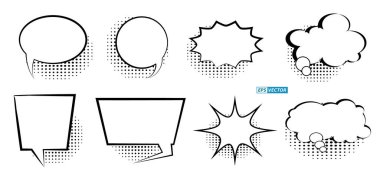 Bir dizi komik baloncuk şablonu ya da yarım ton gölgeli siyah beyaz balon konuşması ya da klasik baloncuk konuşma tarzı popüler sanat tarzı. vektör içer