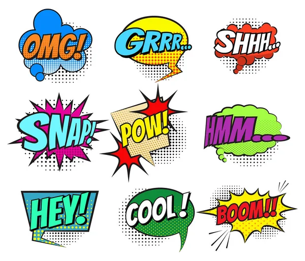 Bir dizi komik baloncuk şablonu ya da yarım ton gölgeli siyah beyaz balon konuşması ya da klasik baloncuk konuşma tarzı popüler sanat tarzı. vektör içer