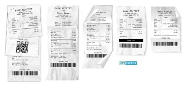 Gerçekçi yazarkasa satış makbuzu ya da para makbuzu basılı beyaz kağıt ya da basılı termal kağıt. vektör içer