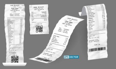 Gerçekçi yazarkasa satış makbuzu ya da para makbuzu basılı beyaz kağıt ya da basılı termal kağıt. vektör içer