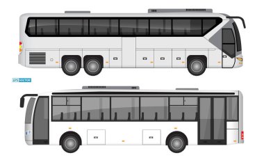 Gerçekçi yolcu otobüsü ya da seyahat otobüsü yan görüntüsü ya da ön arka manzara ya da otomotiv modelleme toplu taşıma şablonu. vektör içer
