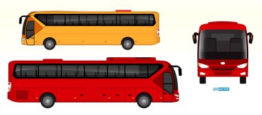 Gerçekçi yolcu otobüsü ya da seyahat otobüsü yan görüntüsü ya da ön arka manzara ya da otomotiv modelleme toplu taşıma şablonu. vektör içer