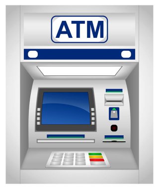 Gerçekçi ATM seti ya da ATM ATM para makinesi arayüzü, tuş takımı, kart ve para birimi yuvası ya da banka müşterisi için para makinesi. vektör içer