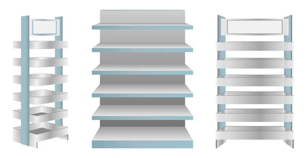 Conjunto Estantes Realistas Comercio Minorista Estantes Estante Pie Para Promoción — Archivo Imágenes Vectoriales