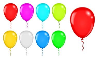 Gerçekçi uçan balonlar ya da çok renkli helyum balonları ya da parti için bir grup balon süslemesi. vektör içer