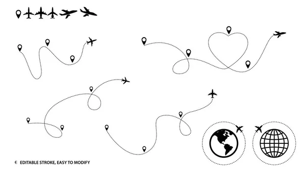 Set Silhouette Air Plane Route Air Plane Line Path Dash — Image vectorielle
