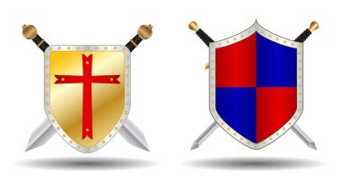 Metal kalkanlı gerçekçi kılıç savaşçıları. vektör içer