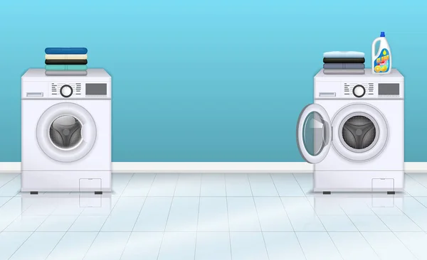 Set Realistic Stacked Clothes Folding Laundry Washing Machine Laundry Clothes — Stock vektor