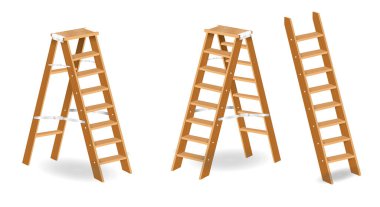 set of realistic wooden stairs or metal ladder step for construction needs or staircase ladder with rope. eps vector