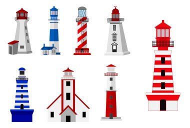 set of lighthouse tower isolated or colorful searchlight for maritime navigation or light beam rescue distater tower. eps vector