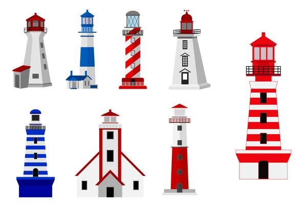 Set Lighthouse Tower Isolated Colorful Searchlight Maritime Navigation Light Beam — Stockvector