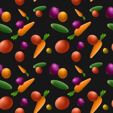 Karanlık bir arka planda kusursuz sebze ve meyve deseni. Kusursuz yemek geçmişi.