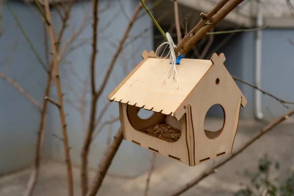Hanging Small Decorative Yellow Birdhouse Natural Green Environment Outdoor Empty — 图库照片