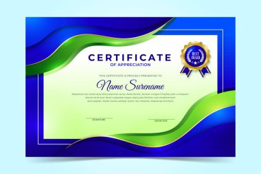 Mavi ve yeşil dalgalı tasarımı olan zarif sertifika şablonu