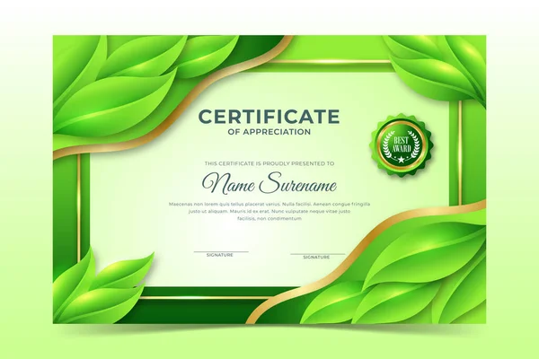 Čerstvé Zelené Listy Šablona Environmentálního Certifikátu — Stockový vektor