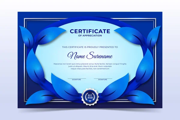 Elegante Cornice Foglie Blu Certificato Ambientale — Vettoriale Stock