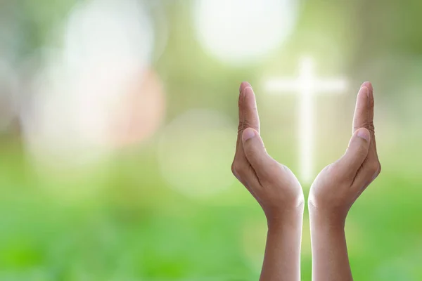 Hands Bless Cross Sky — Stock Photo, Image