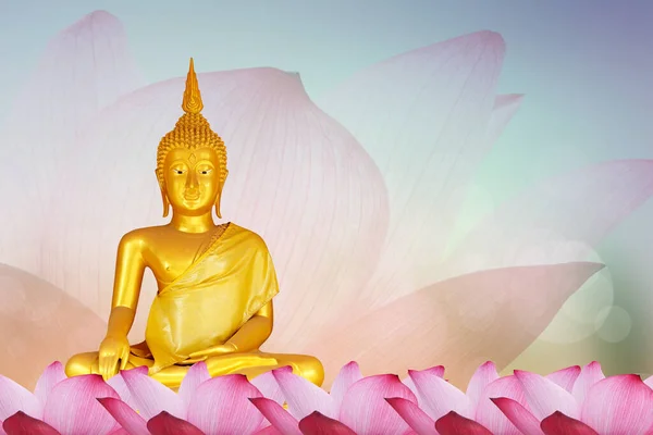 Buddha Statue Hintergrund Verschwommen Blumen Und Himmel Mit Dem Licht — Stockfoto