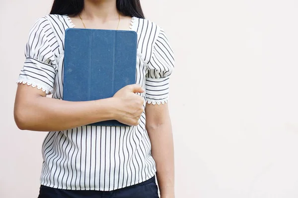 Asian Woman Holding Portable Computer Hand — Stock Fotó