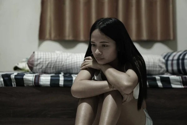 Asian Woman Sitting Bedroom Crying — Stockfoto