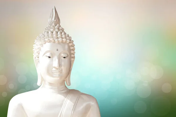 Buddha Statyn Bakgrund Suddiga Blommor Och Himmel Med Ljuset Från — Stockfoto