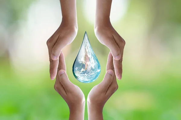 World Environment Day Human Hand Protecting Water Drop Sunlight Green — Stock Photo, Image
