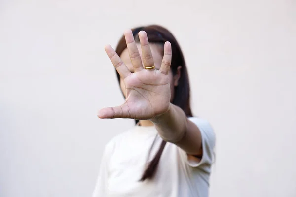 Mulher Levantou Mão Para Dissuadir Campanha Parar Violência Contra Mulheres — Fotografia de Stock