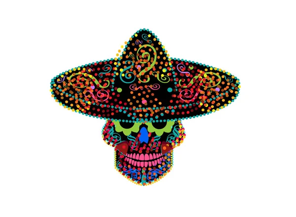 Crâne Mexicain Avec Sombrero Détails Ornementaux Points Colorés Isolés Sur — Image vectorielle