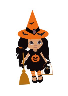 Süpürge ve baykuşlu şirin cadı kız ikonu çıkartmalar, not defterleri ve tişörtler için. Mutlu Cadılar Bayramı arkaplan vektörü. 