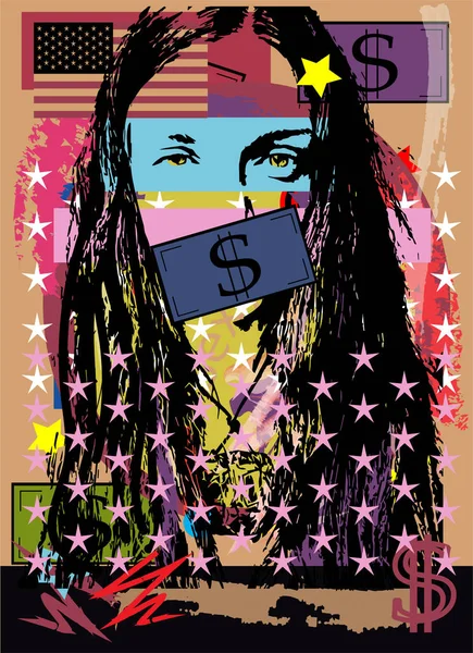 Cartaz Arte Pop Com Uma Linda Garota Com Conta Dinheiro —  Vetores de Stock