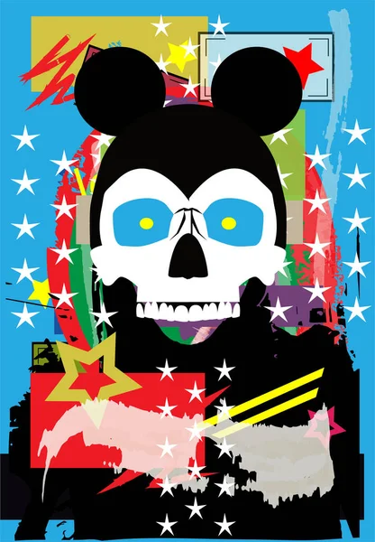老鼠耳朵头骨 流行艺术背景与明星和涂鸦 好酷的海报 — 图库矢量图片