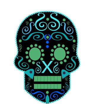 Moda tasarımı, baskılar için kafatası vektörü, beyaz arkaplanda süs ayrıntıları: Mavi ve yeşil. 