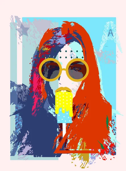 Забавная Девушка Красочными Волосами Солнцезащитными Очками Ест Мороженое Ретро Поп — стоковый вектор