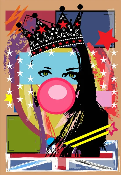 Reina Chica Con Corona Goma Mascar Pop Art Vector Fondo — Vector de stock