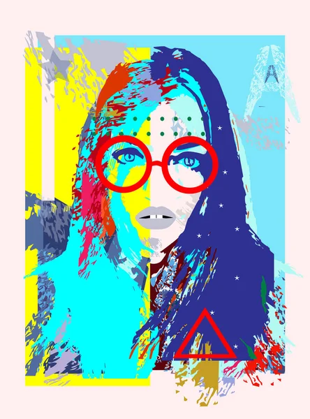 Hermosa Chica Con Gafas Rojas Cabello Azul Ilustración Póster Graffiti — Archivo Imágenes Vectoriales