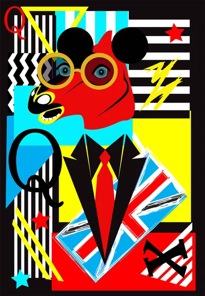 Criatura Engraçada Com Óculos Sol Orelhas Rato Bandeira Britânica Colorido — Vetor de Stock