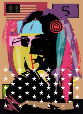 Hint, Amerikan yerlisi, güneş gözlüklü, para faturan ve Amerikan bayrağı olan bir afiş.. 