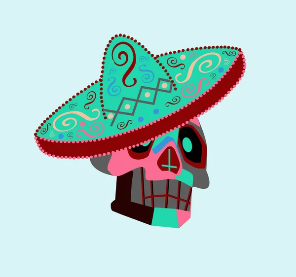 Crânio Mexicano Com Sombrero Detalhes Ornamento Colorido Isolado Fundo Azul — Vetor de Stock