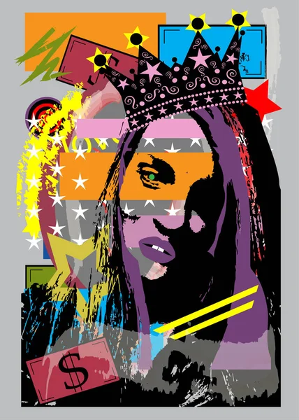 王冠と紫の唇を持つ女の子 ポップアートの背景ベクトル — ストックベクタ
